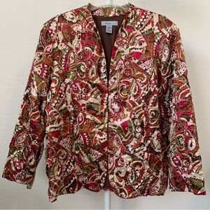 Analogy Blazer Jacket Women's Long Sleeve Collarless Floral Multi Red Brown XL
